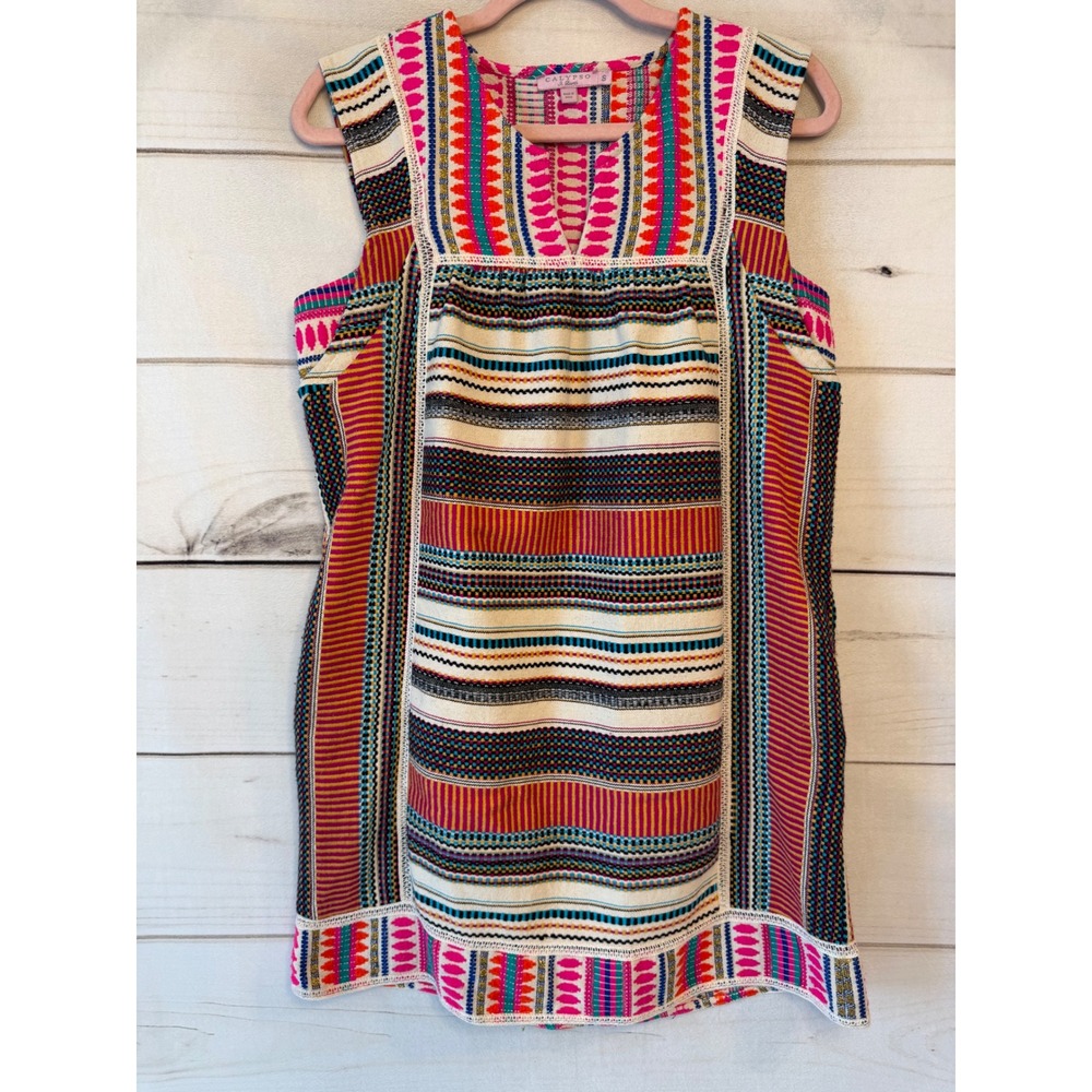 Calypso St Barth Womens Boho Embroidered Cotton Tunic Dress Multi-Color Small